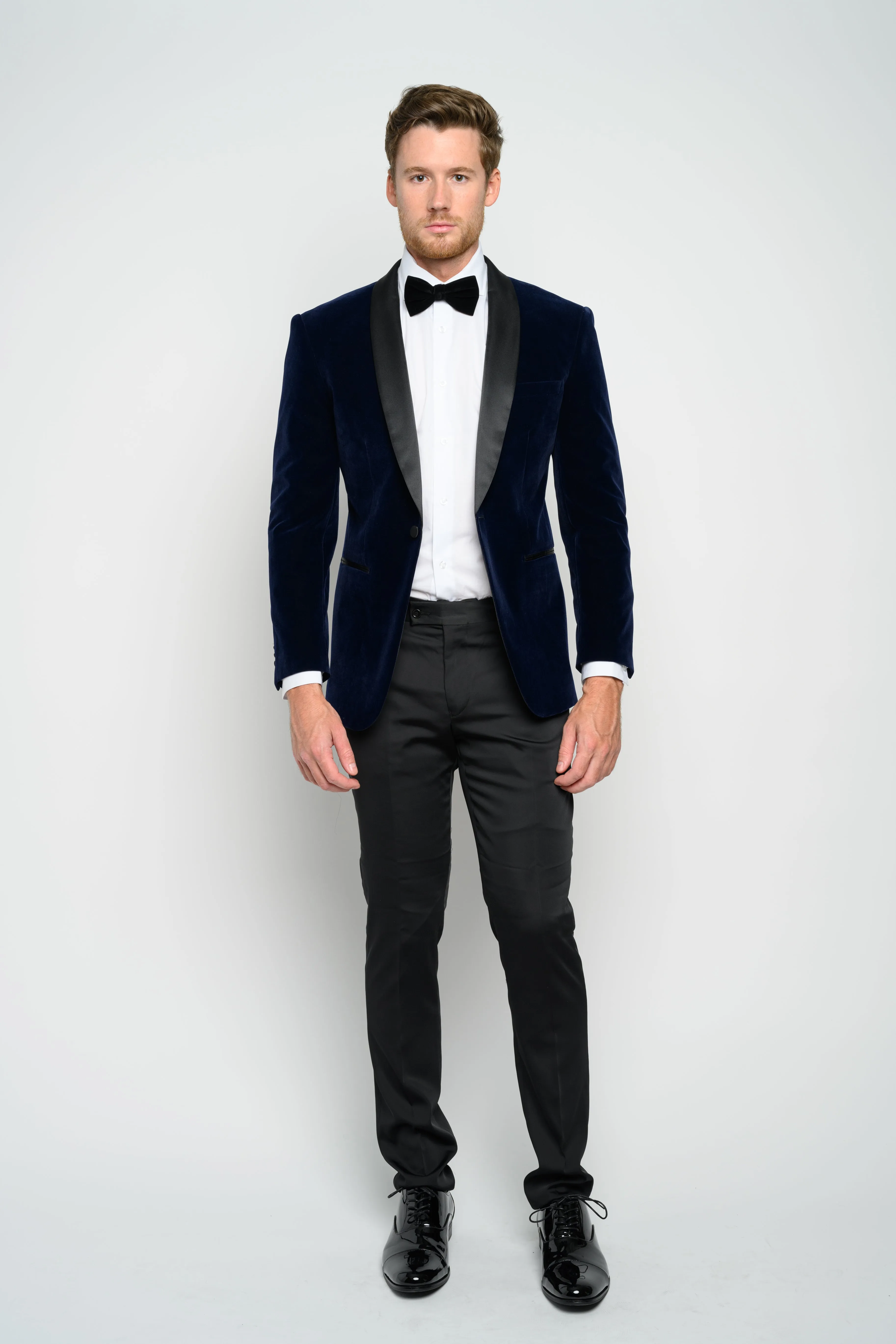 OMC Signature Men's Velvet Shawl Lapel Slim Fit Tuxedo Jacket (Navy Blue)