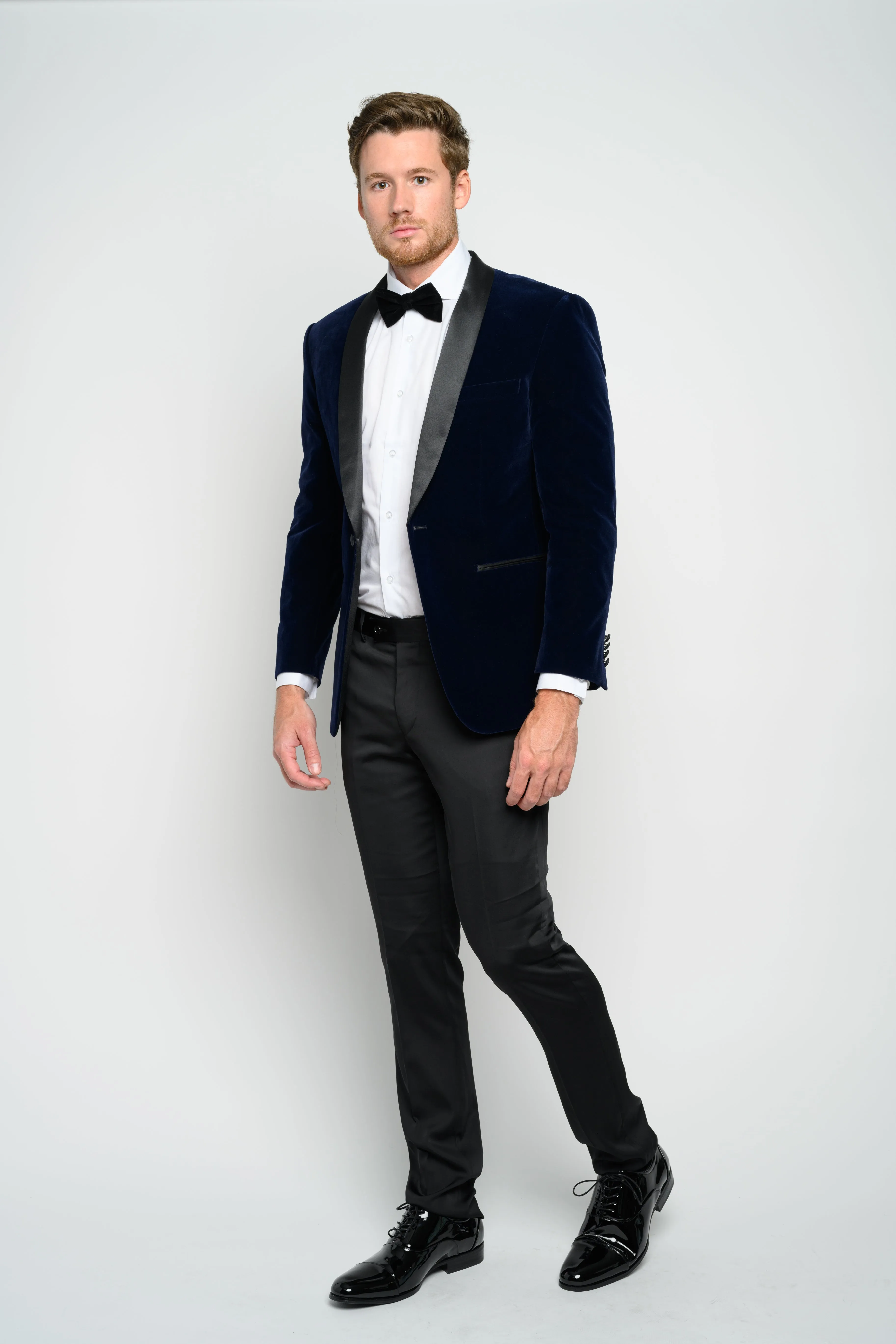 OMC Signature Men's Velvet Shawl Lapel Slim Fit Tuxedo Jacket (Navy Blue)