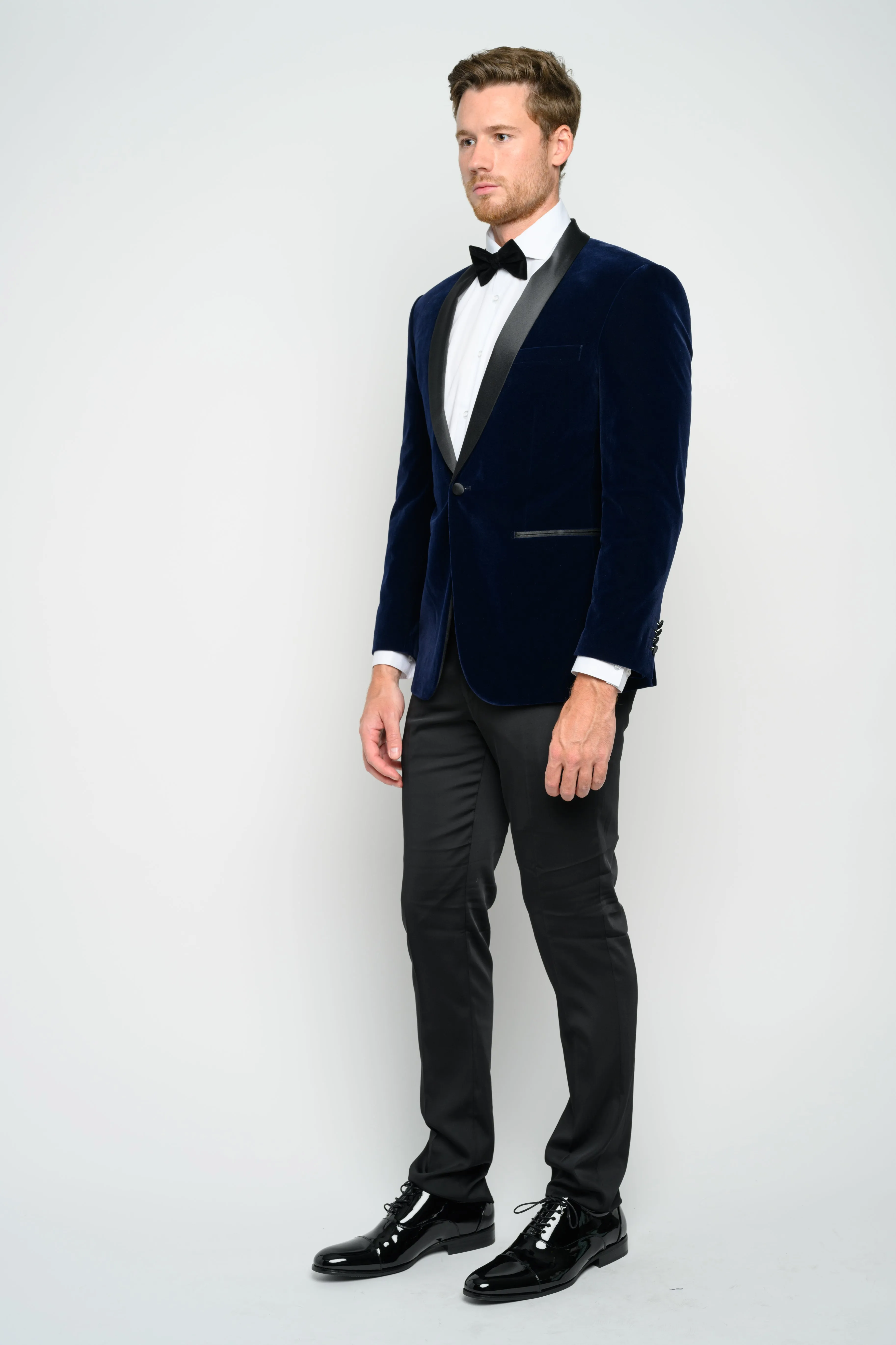 OMC Signature Men's Velvet Shawl Lapel Slim Fit Tuxedo Jacket (Navy Blue)