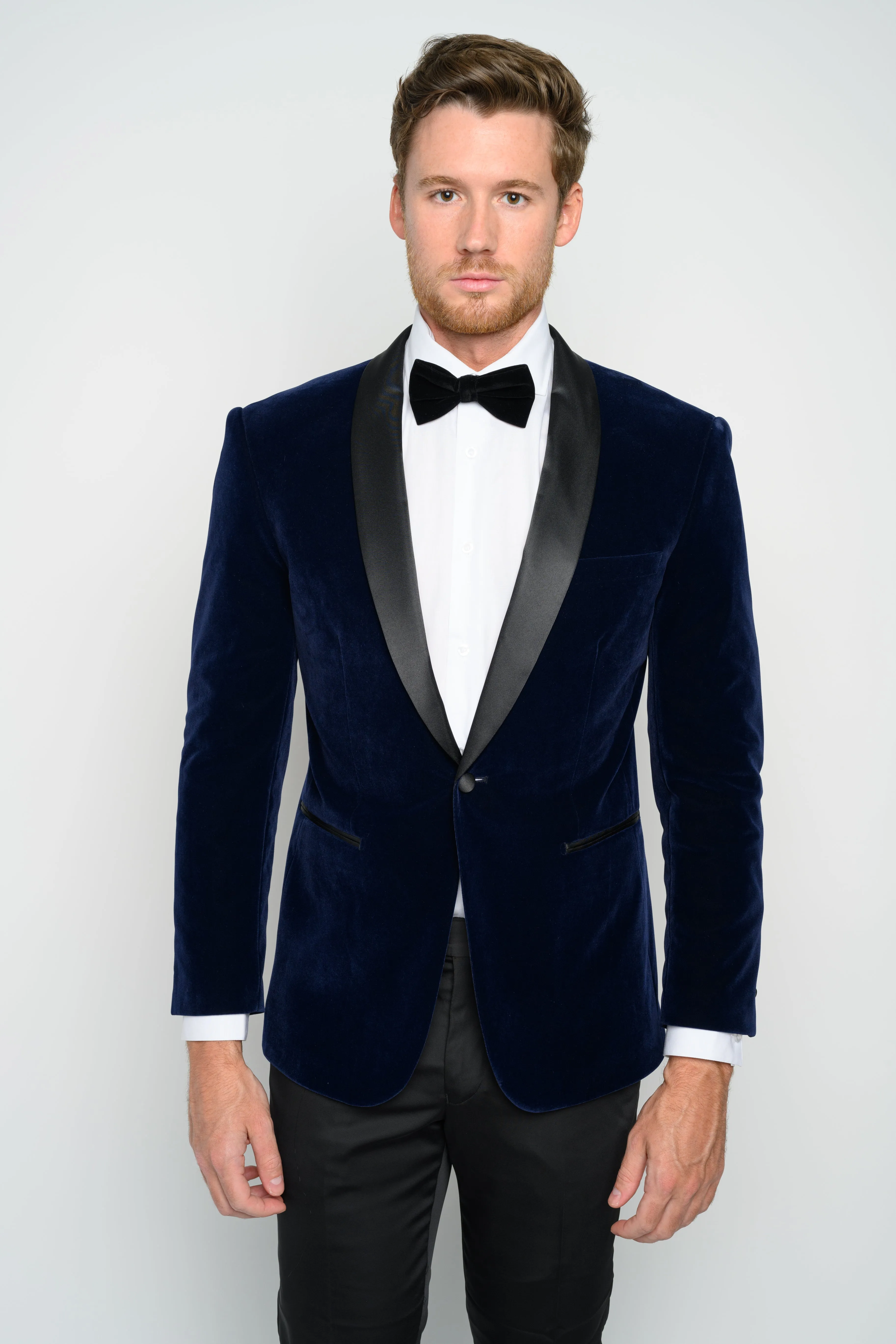 OMC Signature Men's Velvet Shawl Lapel Slim Fit Tuxedo Jacket (Navy Blue)
