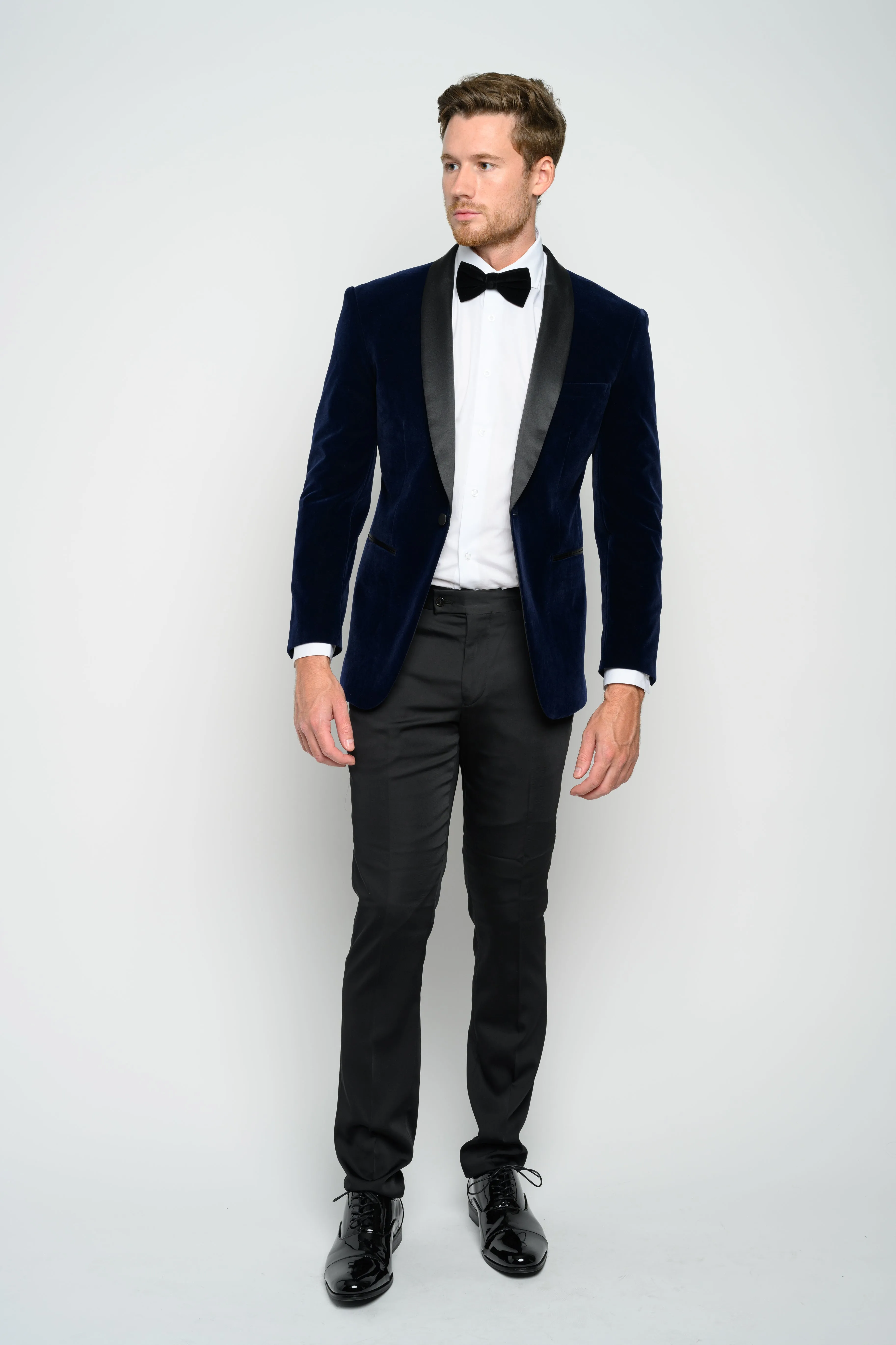 OMC Signature Men's Velvet Shawl Lapel Slim Fit Tuxedo Jacket (Navy Blue)