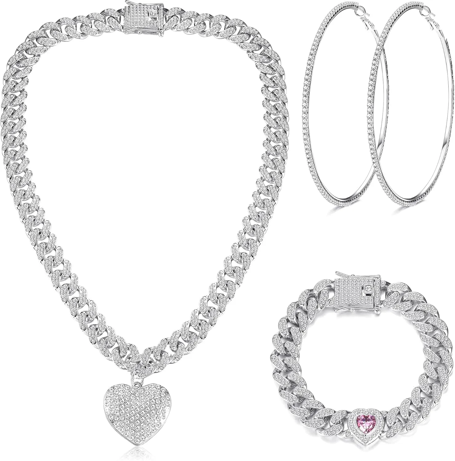 ORAZIO Cuban Link Chain Jewelry Set Cuban Chain Necklace Cuban Link Bracelet Rhinestone Hoop Earrings Gold/Silver Iced Out Chain Heart CZ Clear Cuban Link Chain Big Circle Earrings Hip Hop Cuban Link Chain For Women