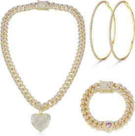 ORAZIO Cuban Link Chain Jewelry Set Cuban Chain Necklace Cuban Link Bracelet Rhinestone Hoop Earrings Gold/Silver Iced Out Chain Heart CZ Clear Cuban Link Chain Big Circle Earrings Hip Hop Cuban Link Chain For Women