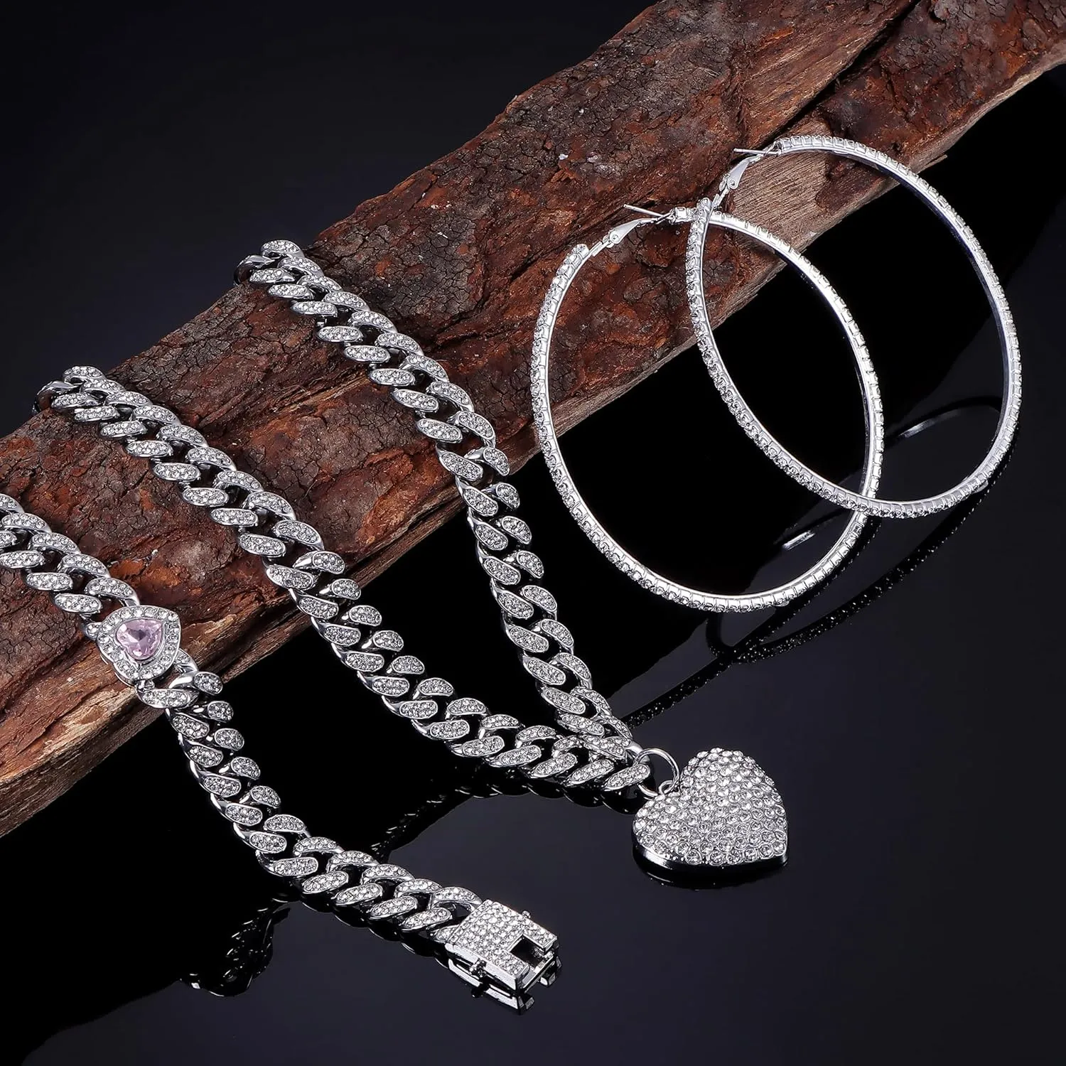 ORAZIO Cuban Link Chain Jewelry Set Cuban Chain Necklace Cuban Link Bracelet Rhinestone Hoop Earrings Gold/Silver Iced Out Chain Heart CZ Clear Cuban Link Chain Big Circle Earrings Hip Hop Cuban Link Chain For Women
