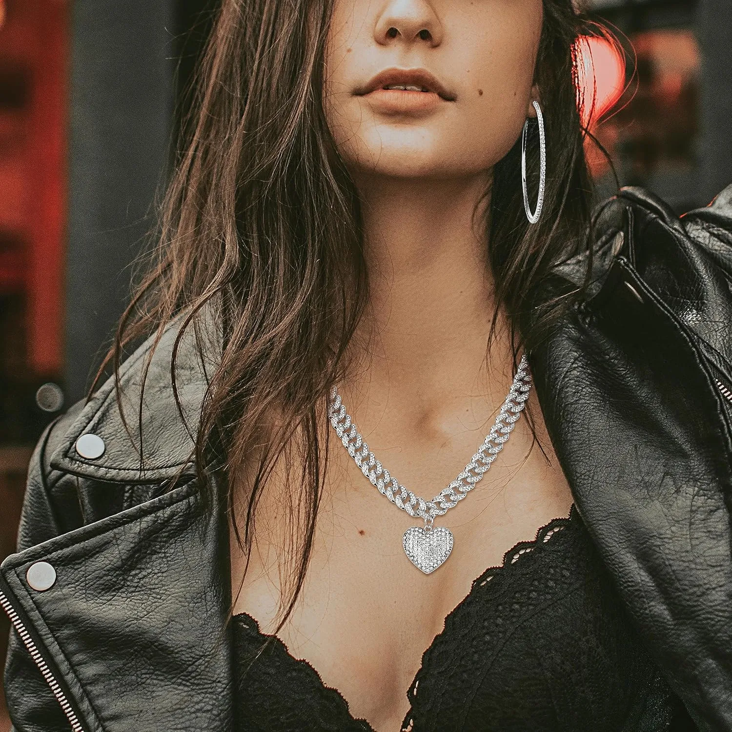 ORAZIO Cuban Link Chain Jewelry Set Cuban Chain Necklace Cuban Link Bracelet Rhinestone Hoop Earrings Gold/Silver Iced Out Chain Heart CZ Clear Cuban Link Chain Big Circle Earrings Hip Hop Cuban Link Chain For Women