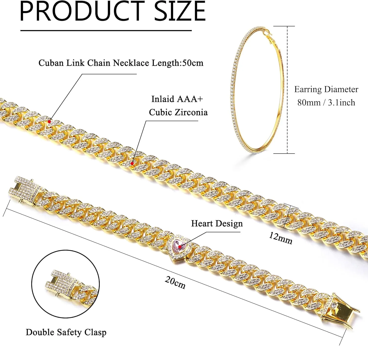 ORAZIO Cuban Link Chain Jewelry Set Cuban Chain Necklace Cuban Link Bracelet Rhinestone Hoop Earrings Gold/Silver Iced Out Chain Heart CZ Clear Cuban Link Chain Big Circle Earrings Hip Hop Cuban Link Chain For Women