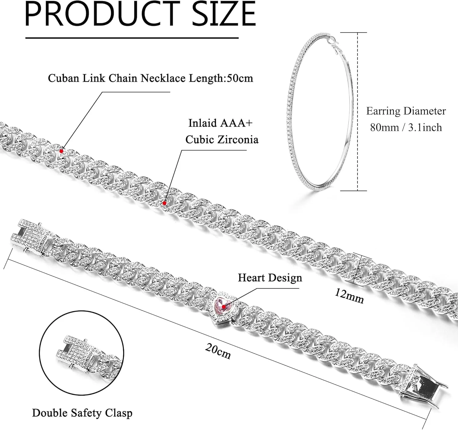 ORAZIO Cuban Link Chain Jewelry Set Cuban Chain Necklace Cuban Link Bracelet Rhinestone Hoop Earrings Gold/Silver Iced Out Chain Heart CZ Clear Cuban Link Chain Big Circle Earrings Hip Hop Cuban Link Chain For Women