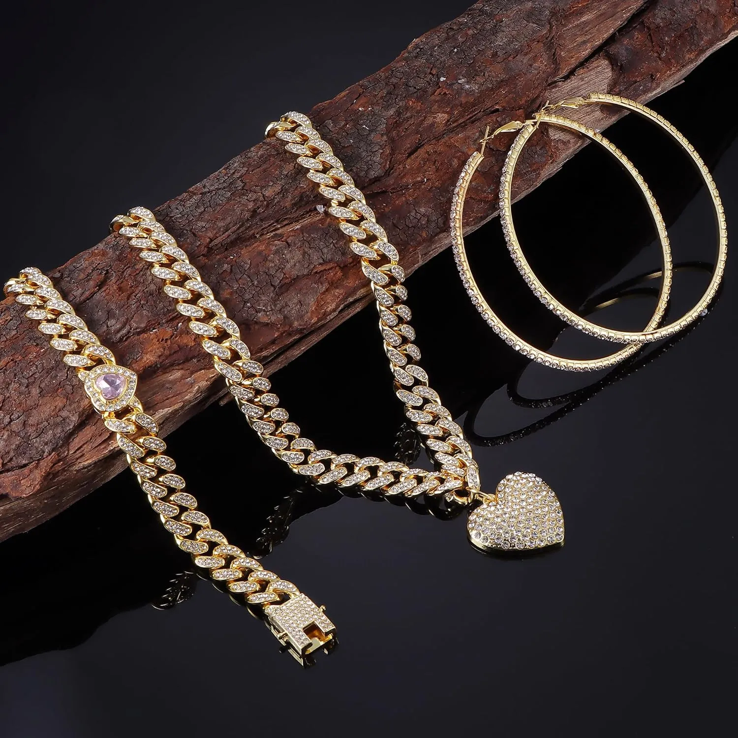 ORAZIO Cuban Link Chain Jewelry Set Cuban Chain Necklace Cuban Link Bracelet Rhinestone Hoop Earrings Gold/Silver Iced Out Chain Heart CZ Clear Cuban Link Chain Big Circle Earrings Hip Hop Cuban Link Chain For Women
