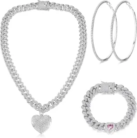 ORAZIO Cuban Link Chain Jewelry Set Cuban Chain Necklace Cuban Link Bracelet Rhinestone Hoop Earrings Gold/Silver Iced Out Chain Heart CZ Clear Cuban Link Chain Big Circle Earrings Hip Hop Cuban Link Chain For Women
