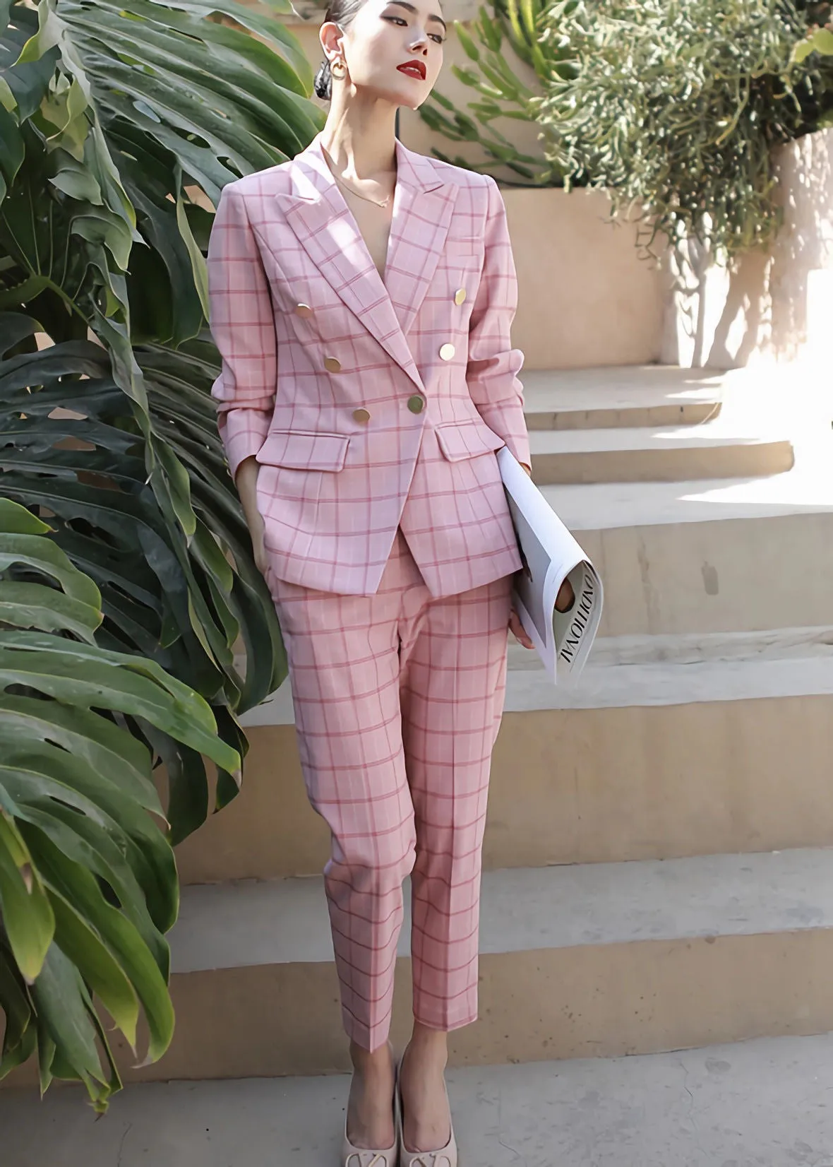 Pink Plaid Double Breasted Blazer Crop Pants Suit Set