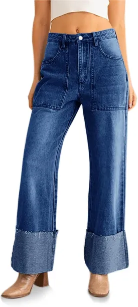 PLNOTME Womens Baggy Cuffed Jeans Casual Straight Leg Boyfriend Denim Pants with Pockets