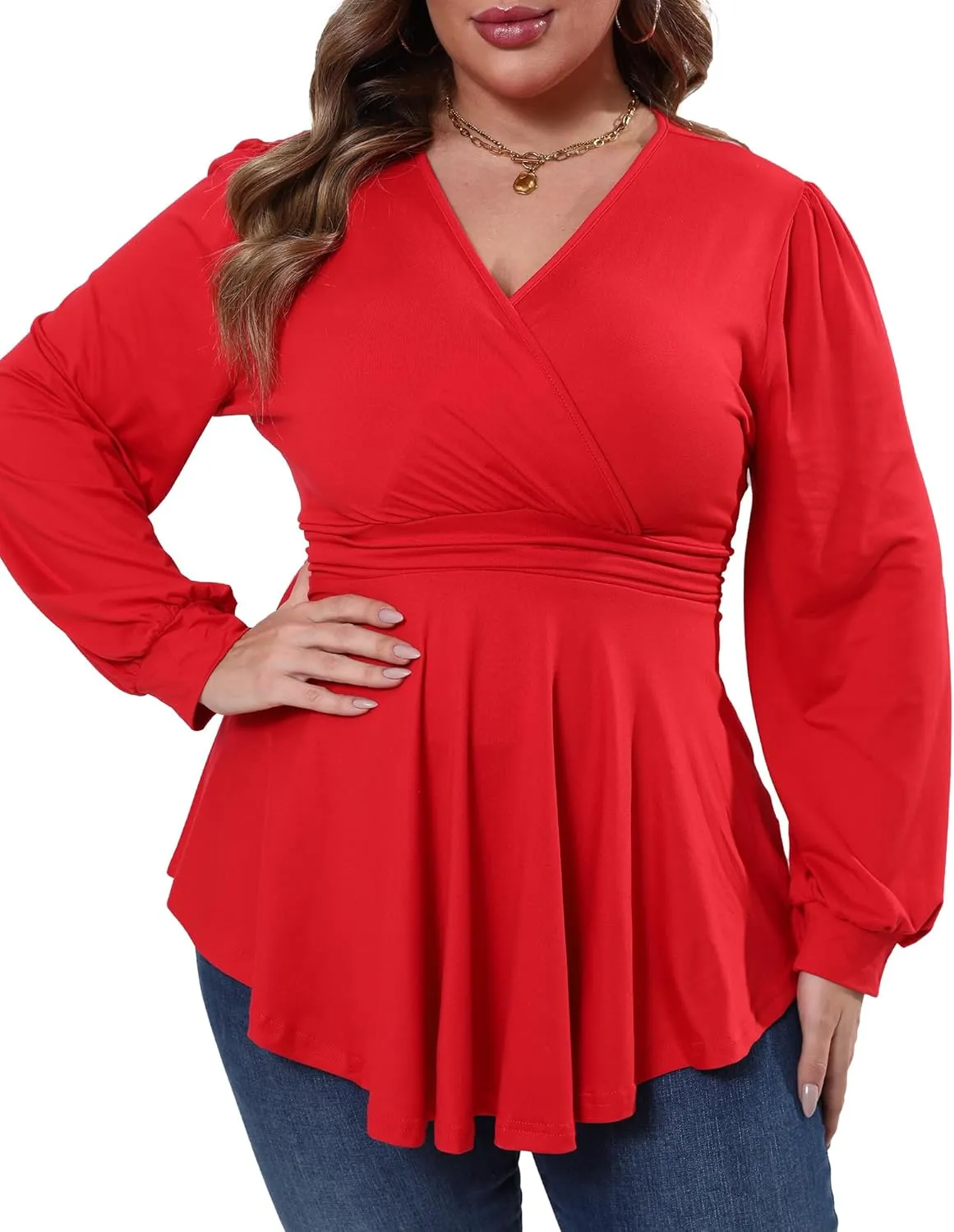 Plus Size Tops for Women Lace Long Sleeve Fall Shirts Casual Dressy Wrap V Neck Pleated Tunic Top
