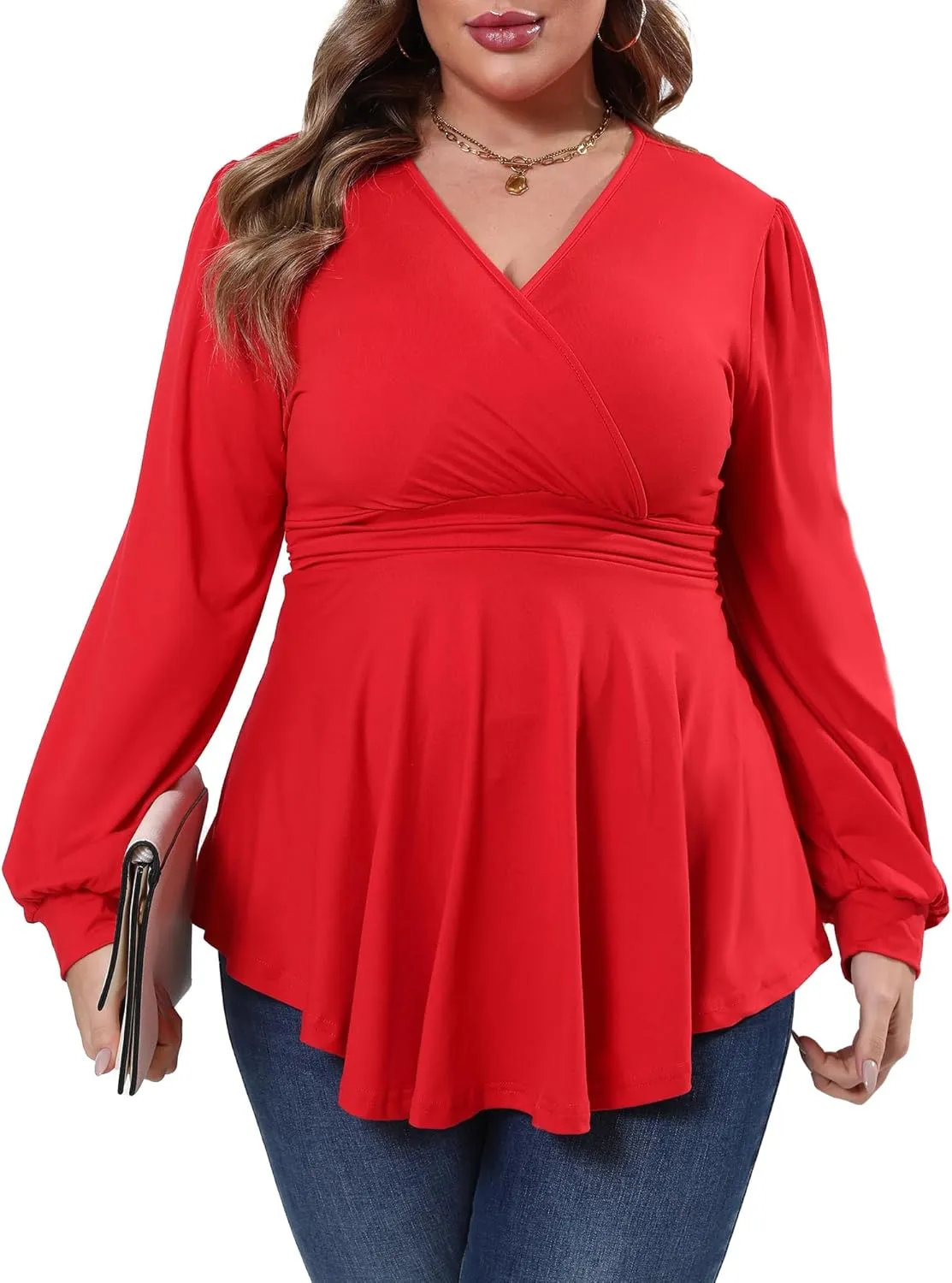 Plus Size Tops for Women Lace Long Sleeve Fall Shirts Casual Dressy Wrap V Neck Pleated Tunic Top