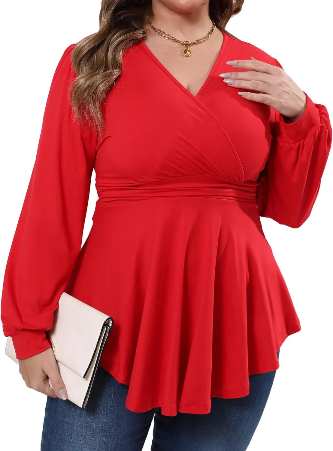 Plus Size Tops for Women Lace Long Sleeve Fall Shirts Casual Dressy Wrap V Neck Pleated Tunic Top