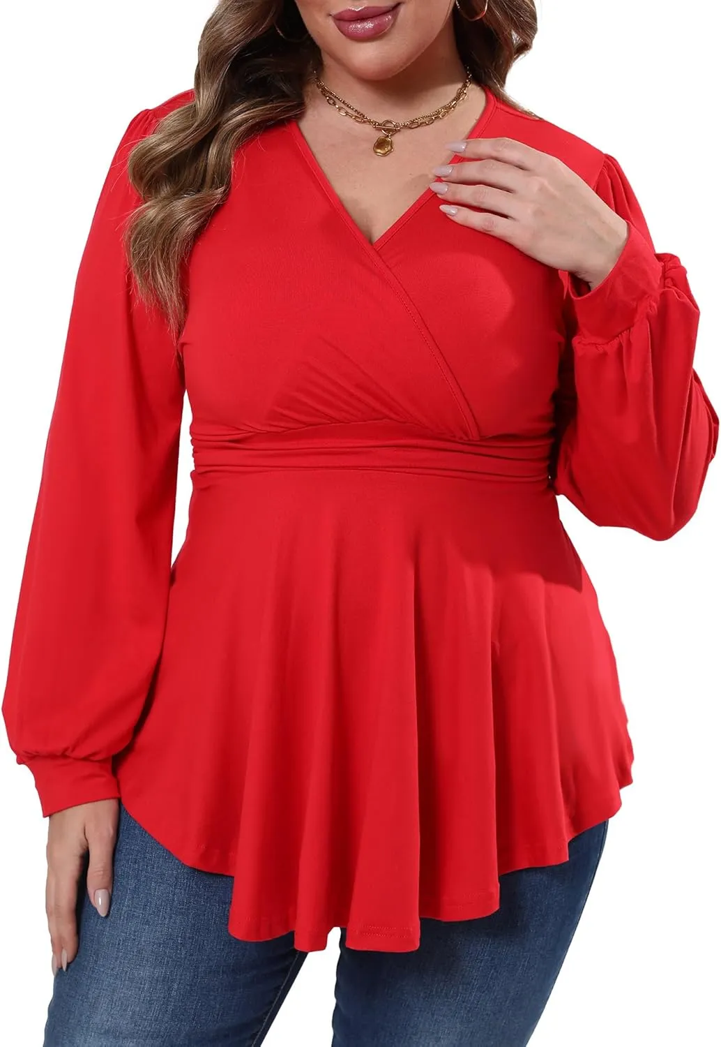 Plus Size Tops for Women Lace Long Sleeve Fall Shirts Casual Dressy Wrap V Neck Pleated Tunic Top