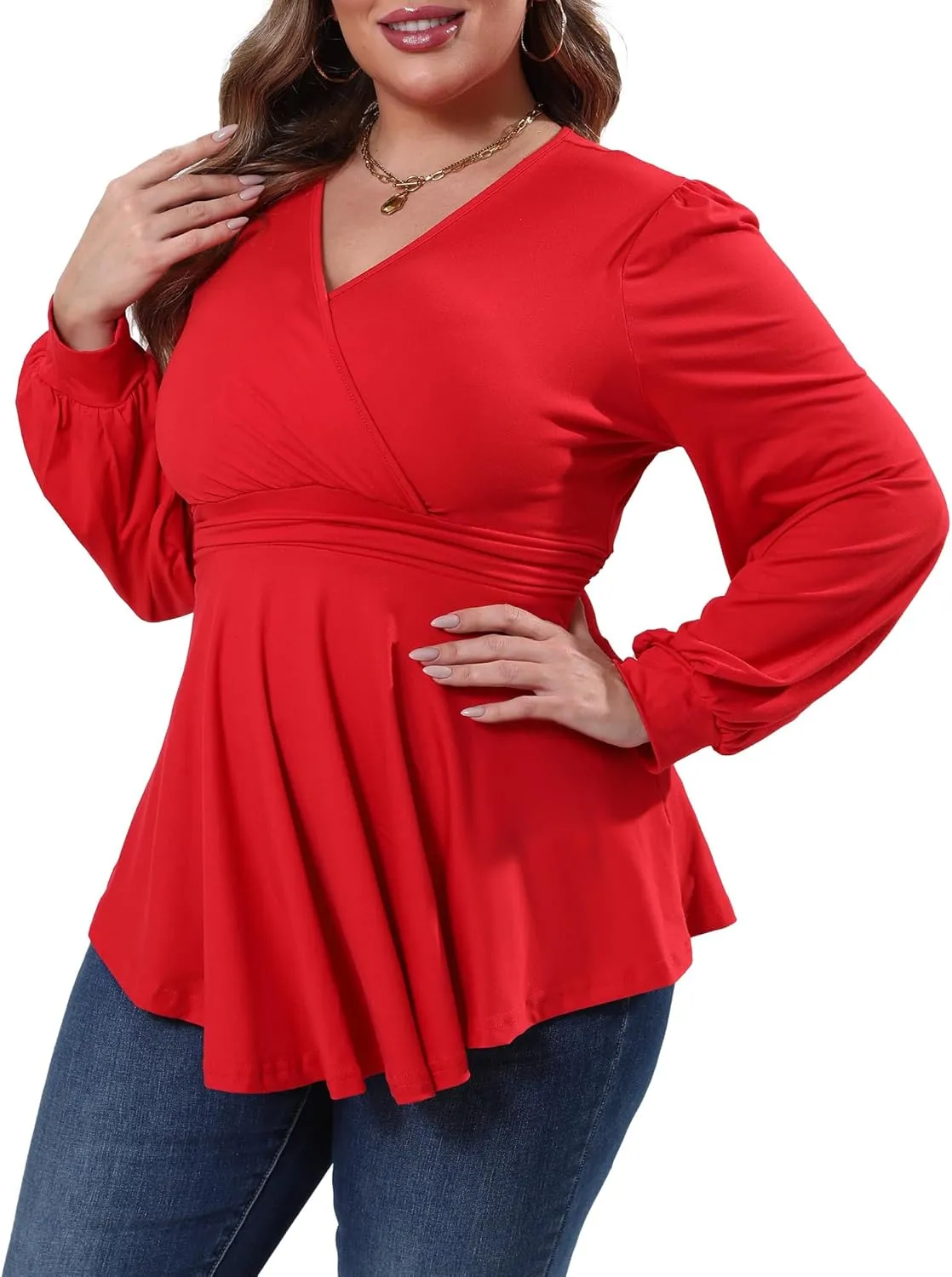 Plus Size Tops for Women Lace Long Sleeve Fall Shirts Casual Dressy Wrap V Neck Pleated Tunic Top