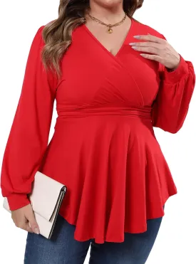 Plus Size Tops for Women Lace Long Sleeve Fall Shirts Casual Dressy Wrap V Neck Pleated Tunic Top