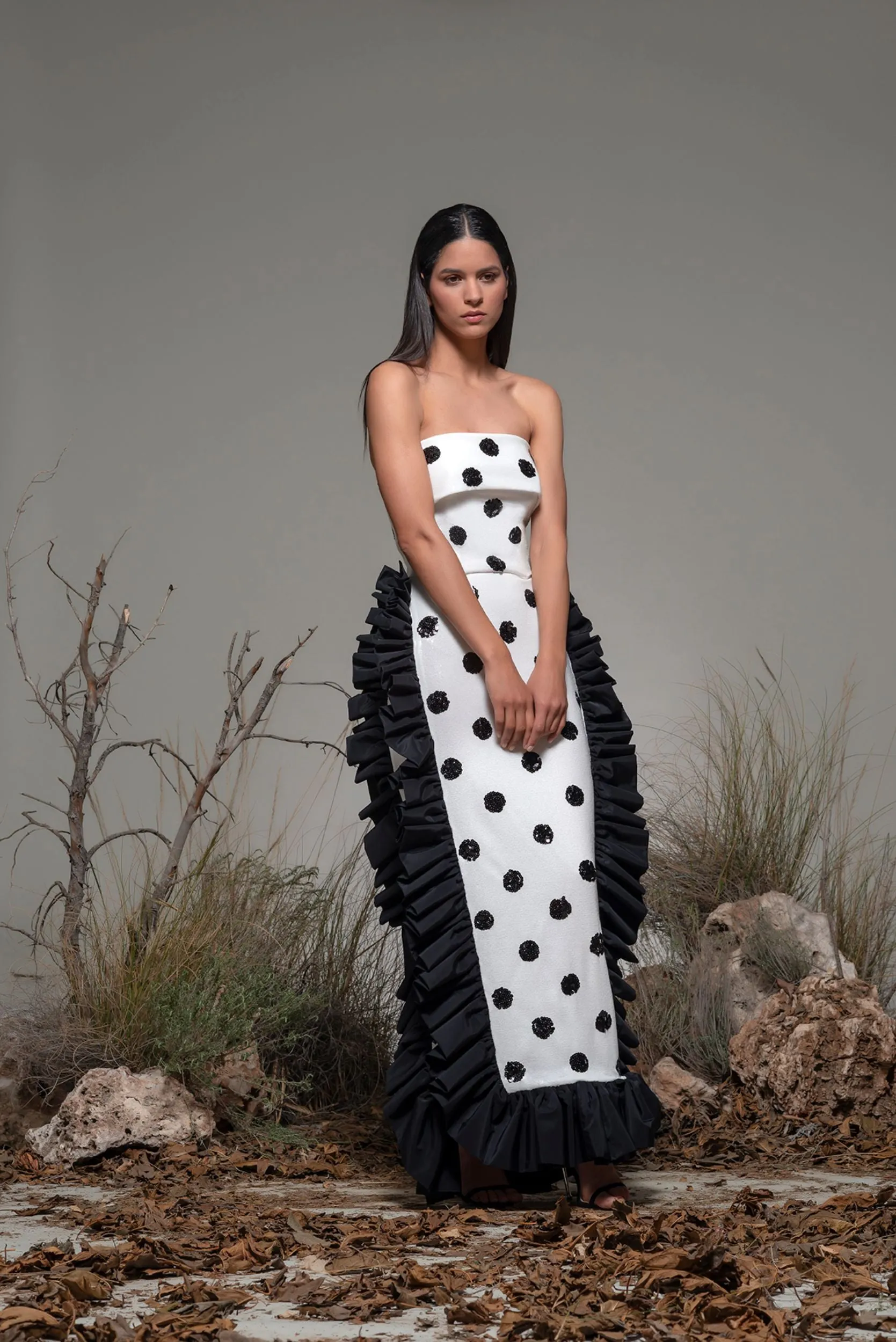 Polka Dot Strapless Column Dress with Ruffles