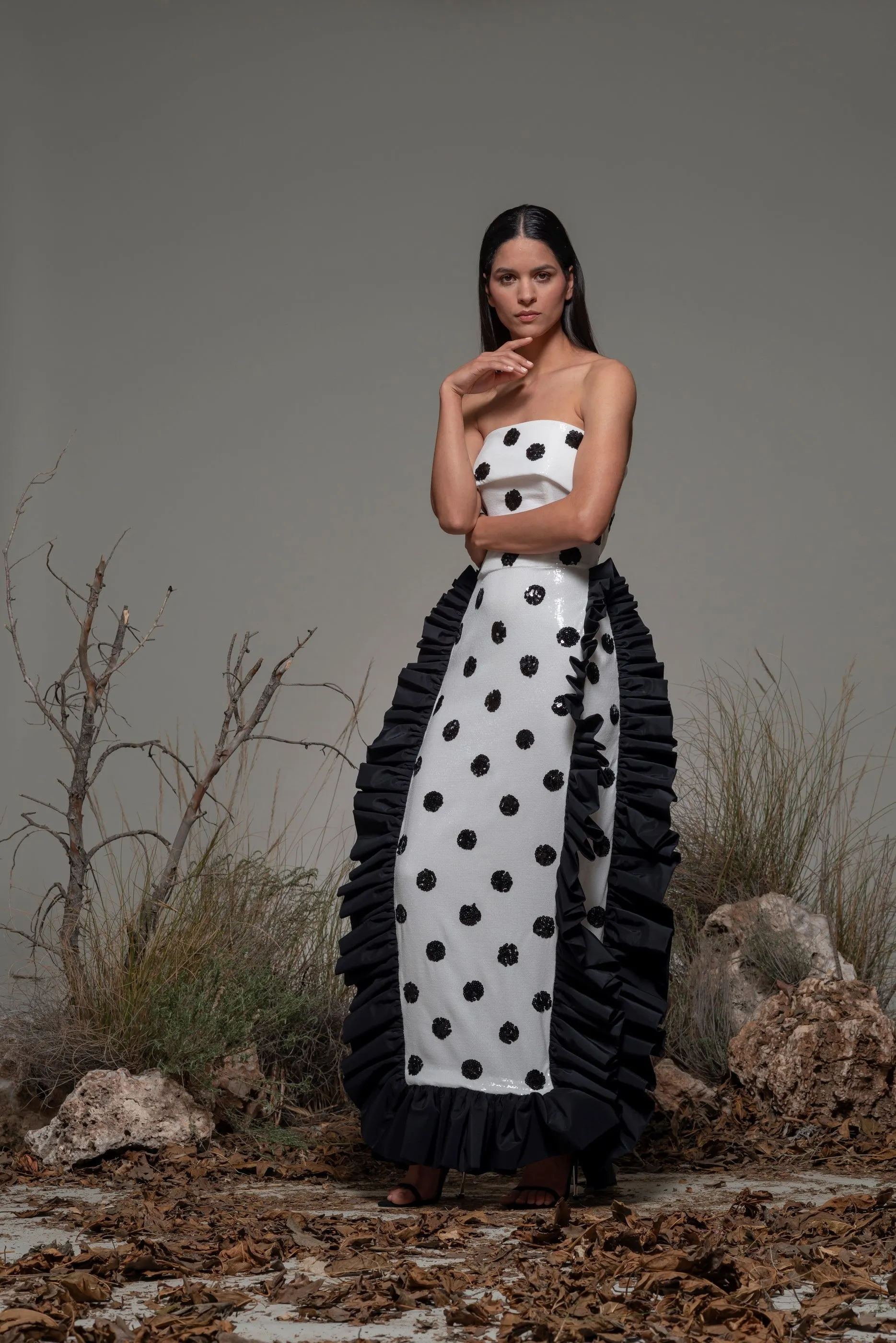 Polka Dot Strapless Column Dress with Ruffles