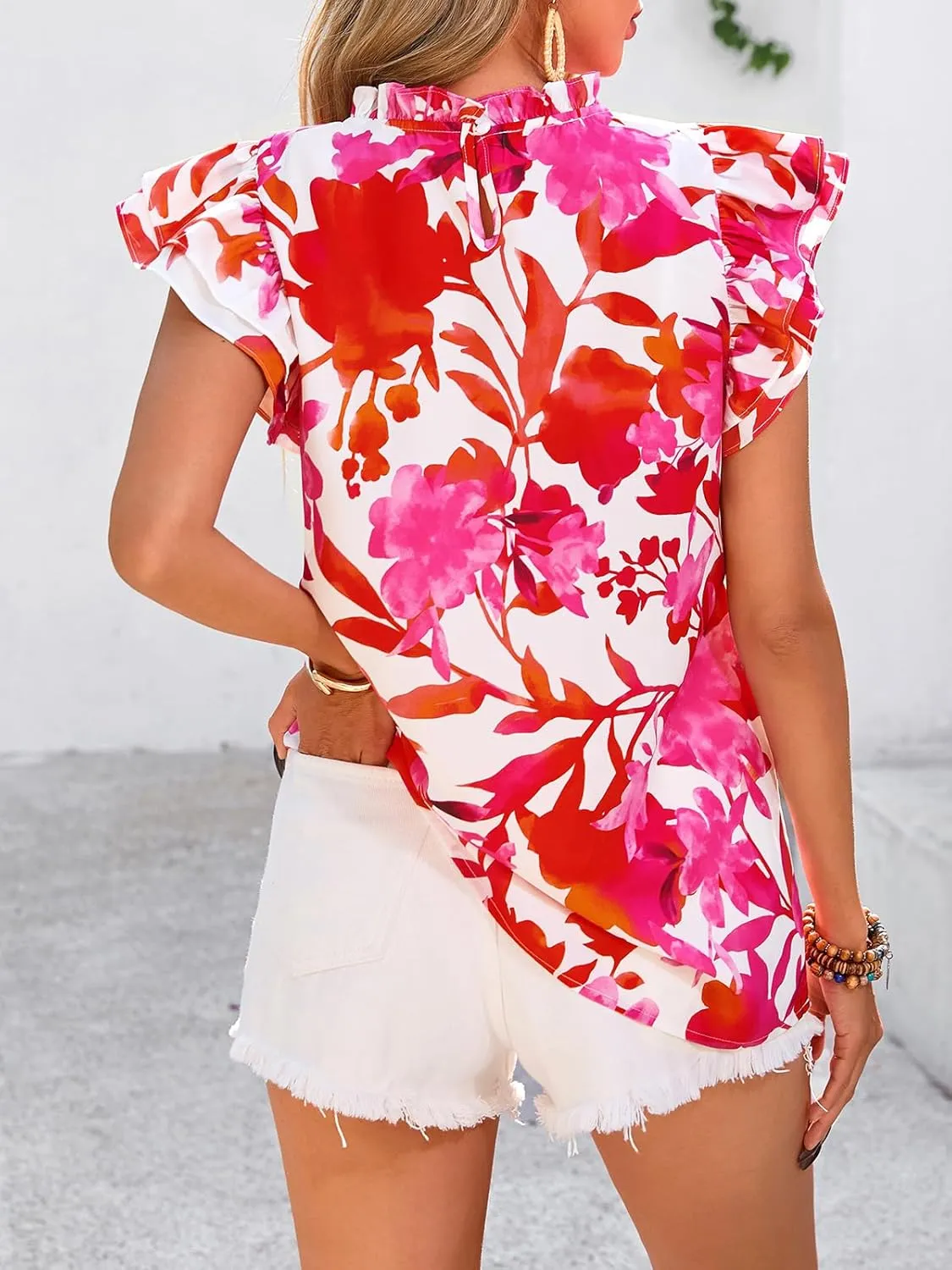 PRETTYGARDEN Women's Ruffle Short Sleeve Summer Tops 2025 Trendy Floral Trim Neck Casual Dressy Chiffon Boho Blouses Shirts