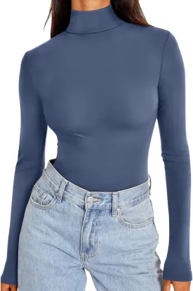 REORIA Women's Long Sleeve Mock Turtle Neck Tops Fall Winter Basic Double Lined Layering Lightweight Slim Fitted Shirts