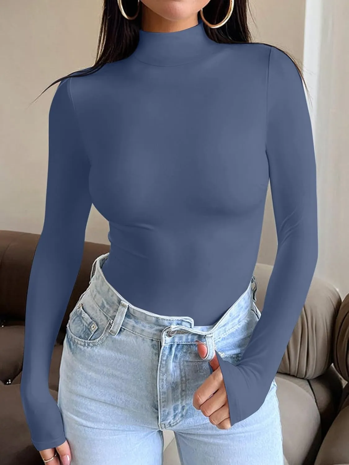 REORIA Women's Long Sleeve Mock Turtle Neck Tops Fall Winter Basic Double Lined Layering Lightweight Slim Fitted Shirts