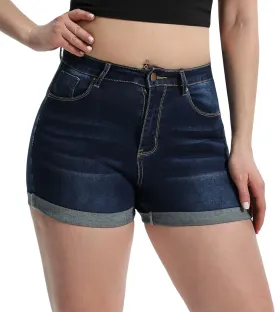 Romastory Women's High Waisted Summer Elastic Jean Shorts Folded Hem Hot Denim Shorts for Women