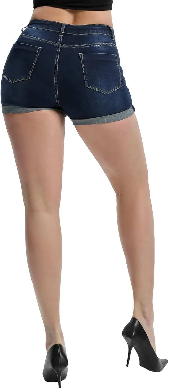 Romastory Women's High Waisted Summer Elastic Jean Shorts Folded Hem Hot Denim Shorts for Women