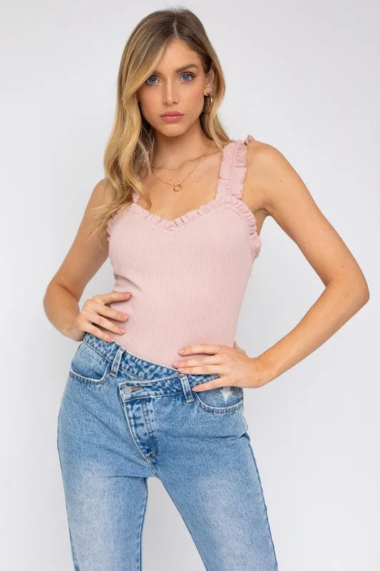 Ruffle Ribbed Tank Top Bodysuit