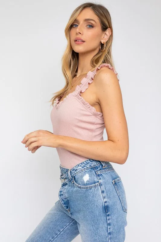 Ruffle Ribbed Tank Top Bodysuit