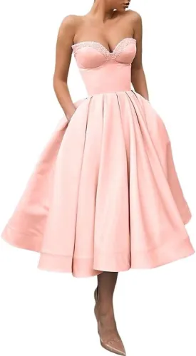 Sequins Sweetheart Short Prom Dresses Ruched A-line Satin Tea Length Cocktail Gown Strapless Midi Corset Formal Party Dress