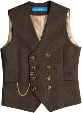 SevenBoy Men's Casual Suit Vest Regular Fit Wool Herringbone Waistcoat For Wedding and Party