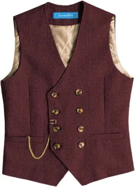 SevenBoy Men's Casual Suit Vest Regular Fit Wool Herringbone Waistcoat For Wedding and Party