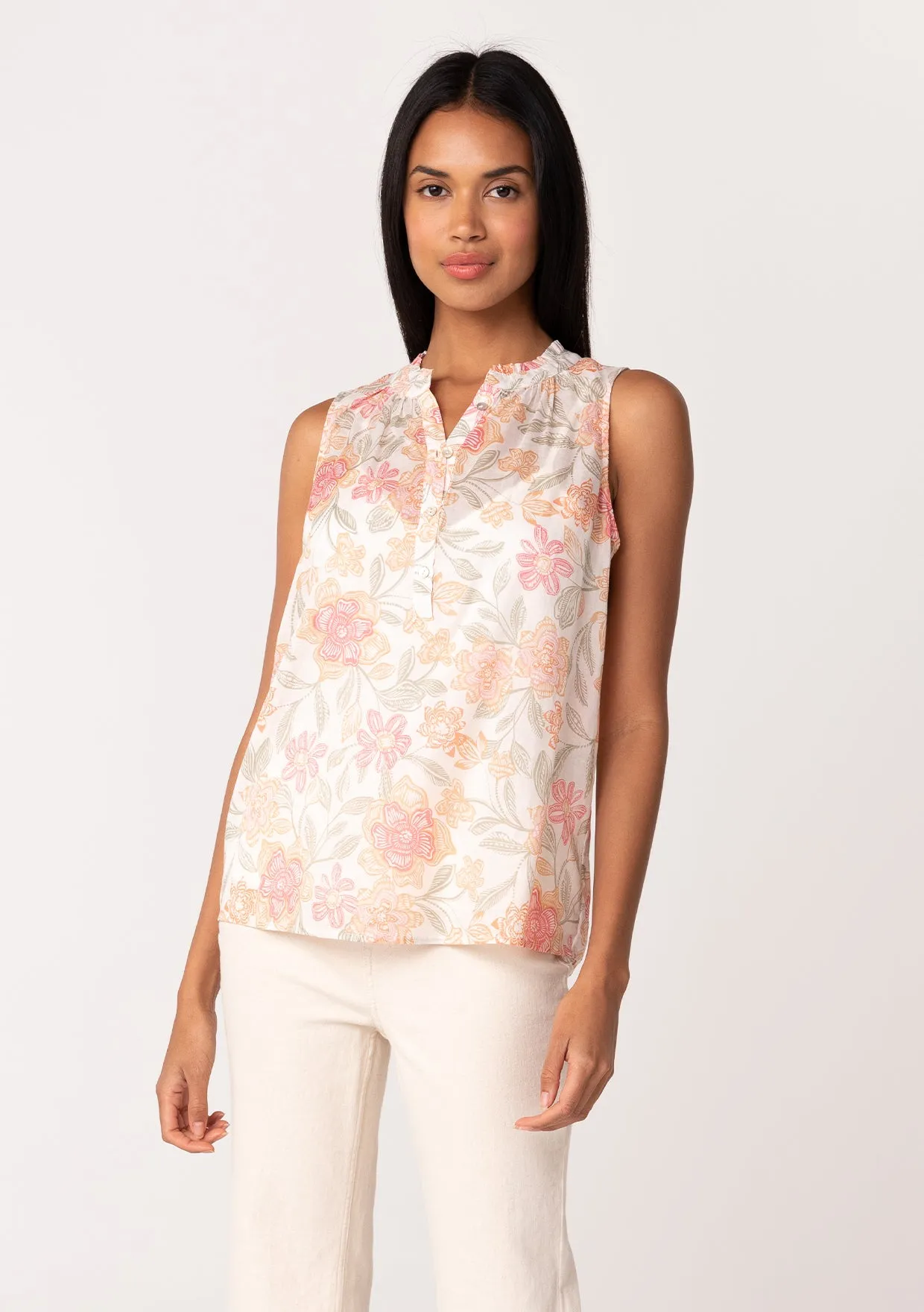 Sheer Floral Button Front Ruffle Neck Tank Top