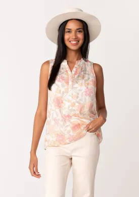 Sheer Floral Button Front Ruffle Neck Tank Top