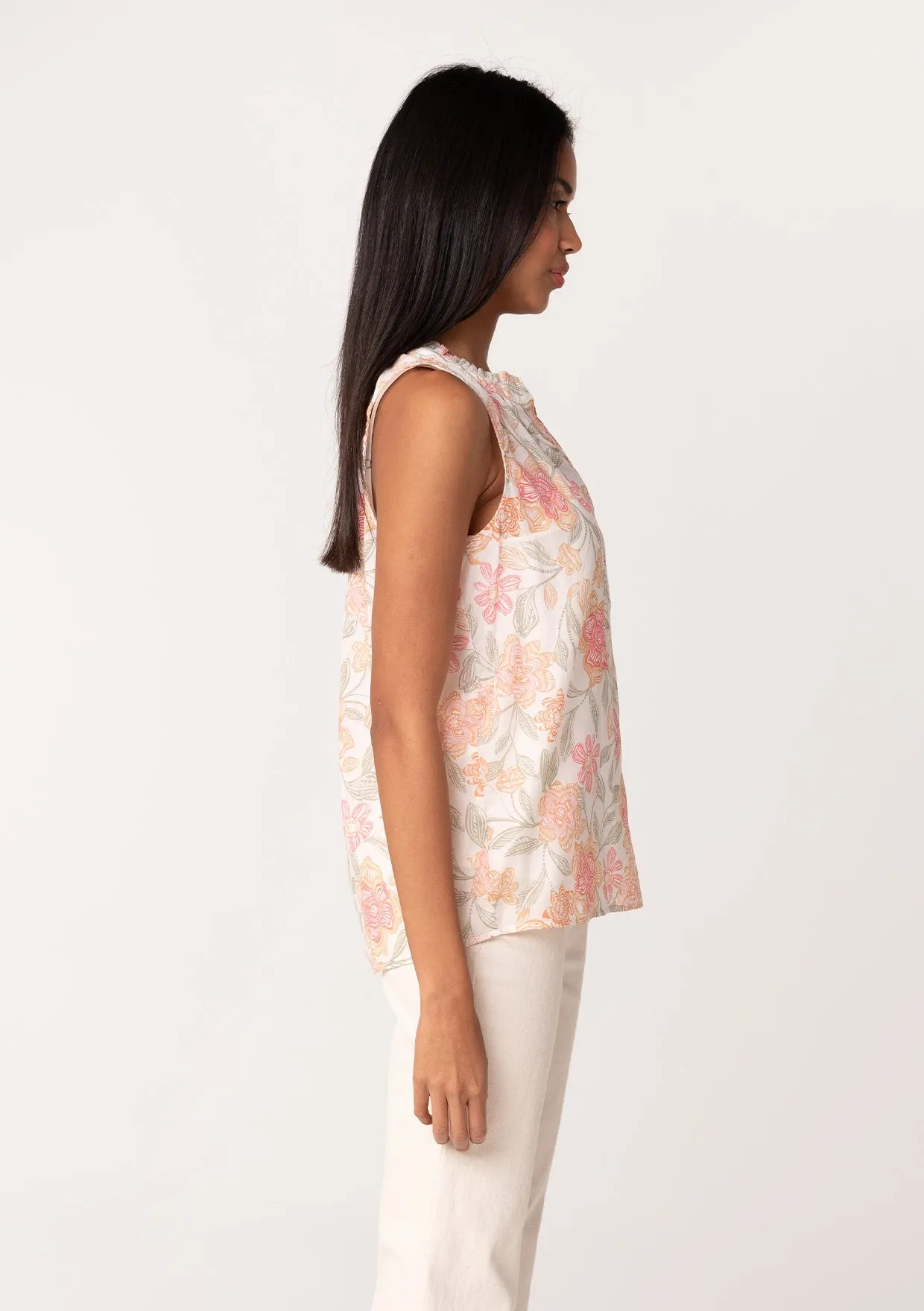 Sheer Floral Button Front Ruffle Neck Tank Top