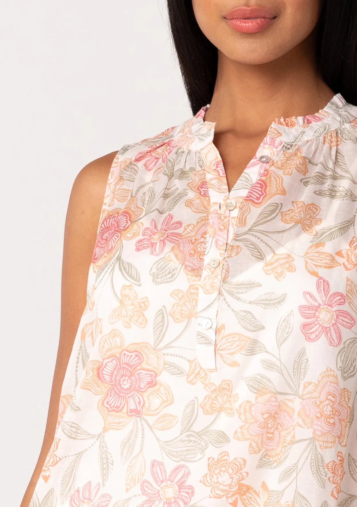 Sheer Floral Button Front Ruffle Neck Tank Top