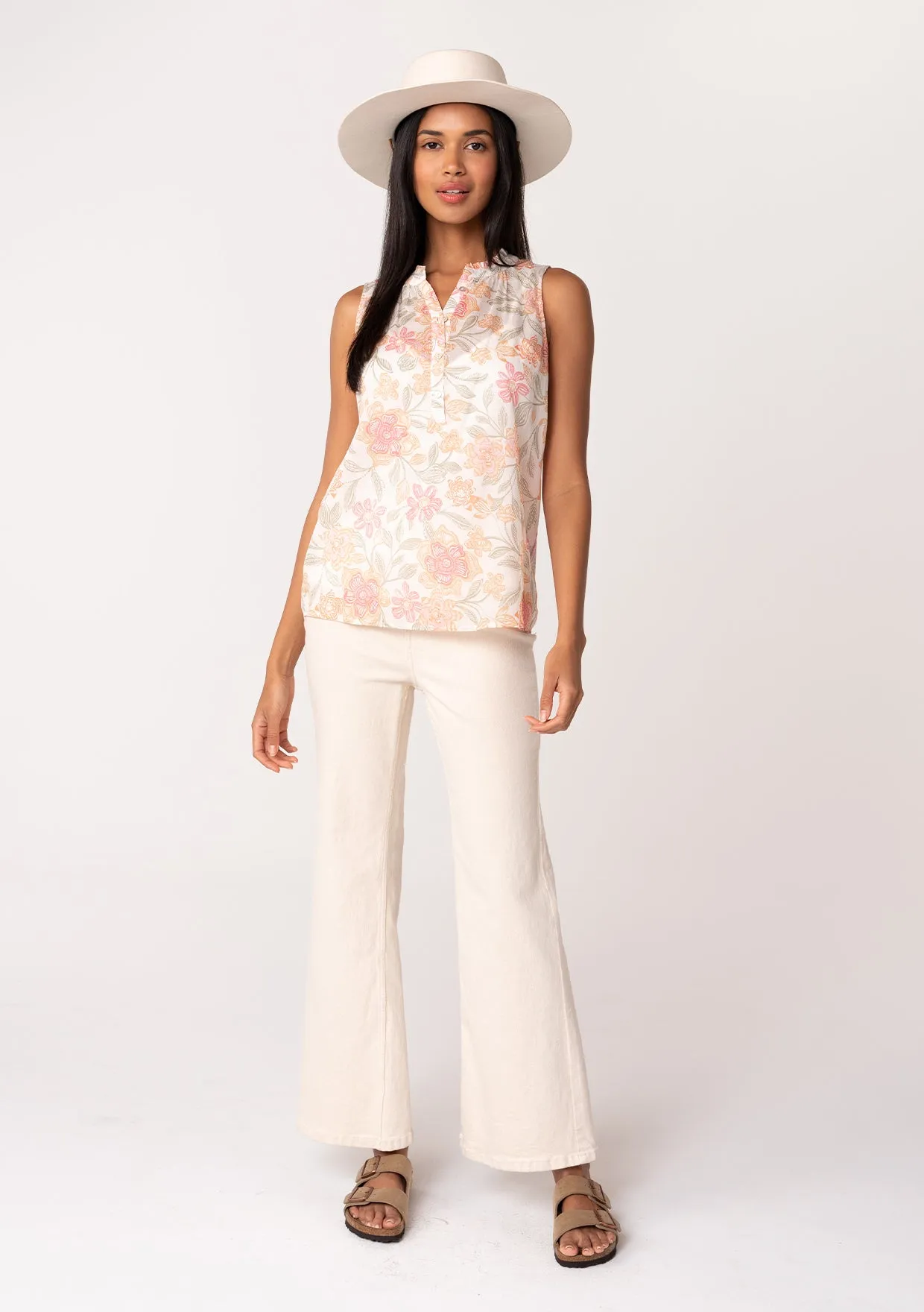 Sheer Floral Button Front Ruffle Neck Tank Top