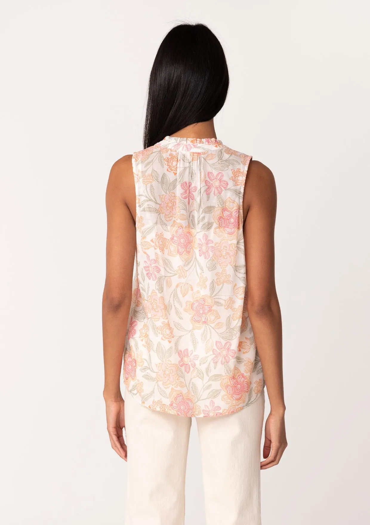 Sheer Floral Button Front Ruffle Neck Tank Top