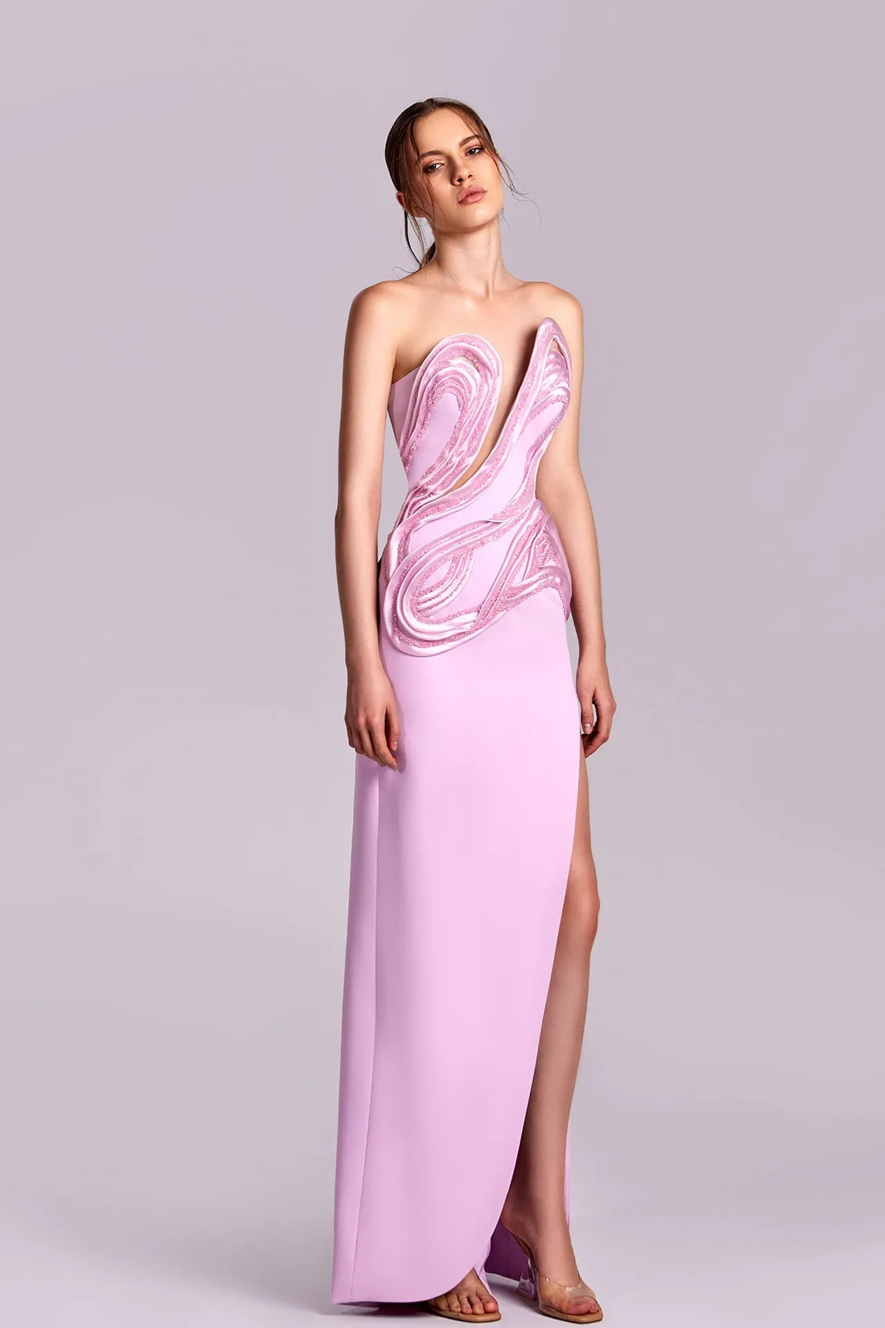 Strapless Dress with Crystal Inserts and High Slit