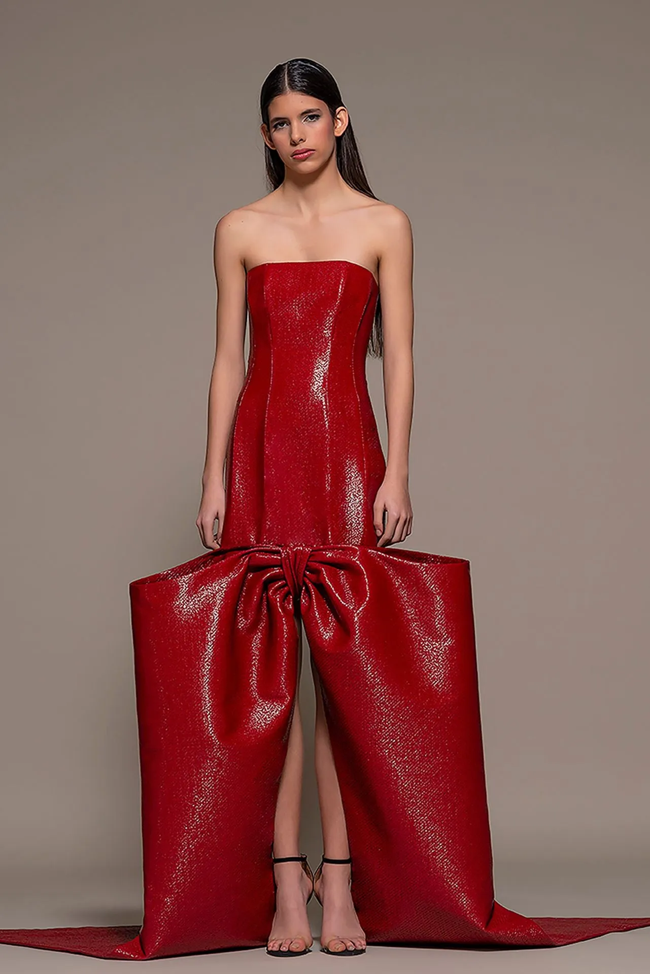Strapless Midi Dress with Bow Hemline