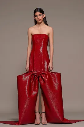 Strapless Midi Dress with Bow Hemline