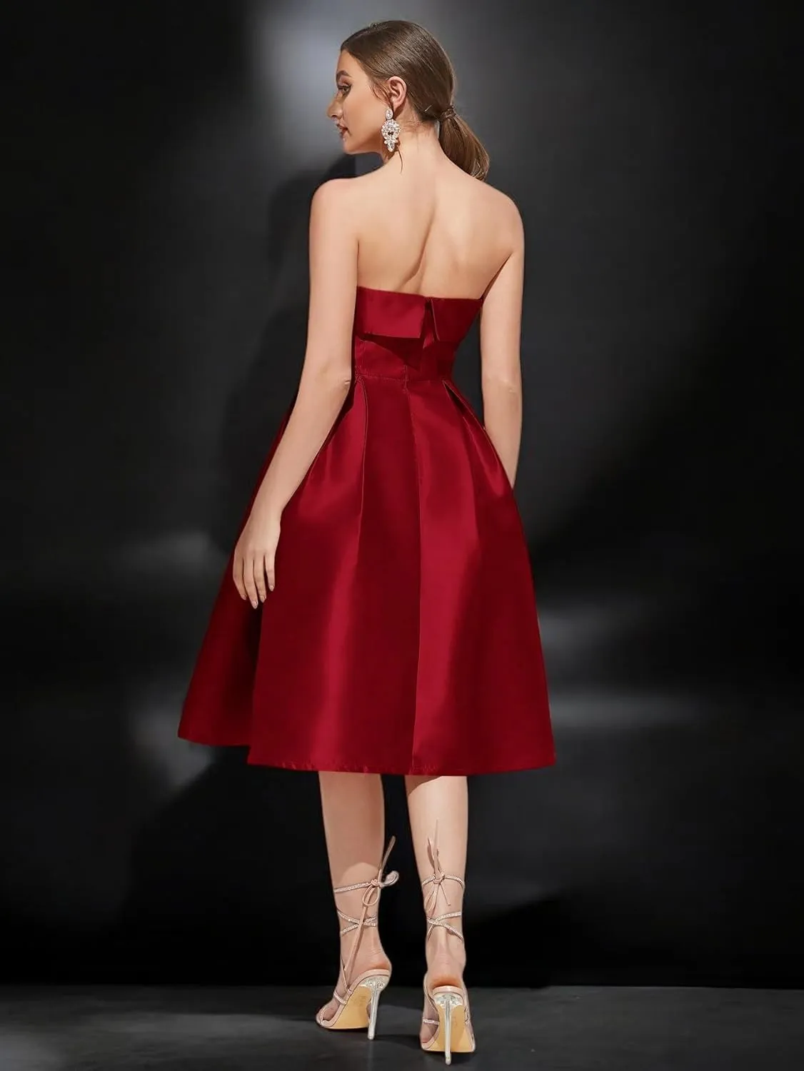 Strapless Satin A-Line Cocktail Dress for Women  Elegant Prom, Wedding,Formal Evening Gown with Pleated Skirt