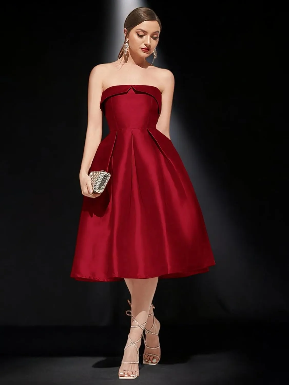 Strapless Satin A-Line Cocktail Dress for Women  Elegant Prom, Wedding,Formal Evening Gown with Pleated Skirt