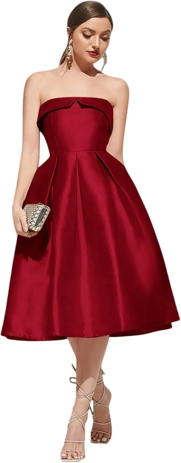 Strapless Satin A-Line Cocktail Dress for Women  Elegant Prom, Wedding,Formal Evening Gown with Pleated Skirt