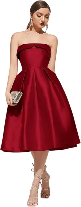 Strapless Satin A-Line Cocktail Dress for Women  Elegant Prom, Wedding,Formal Evening Gown with Pleated Skirt