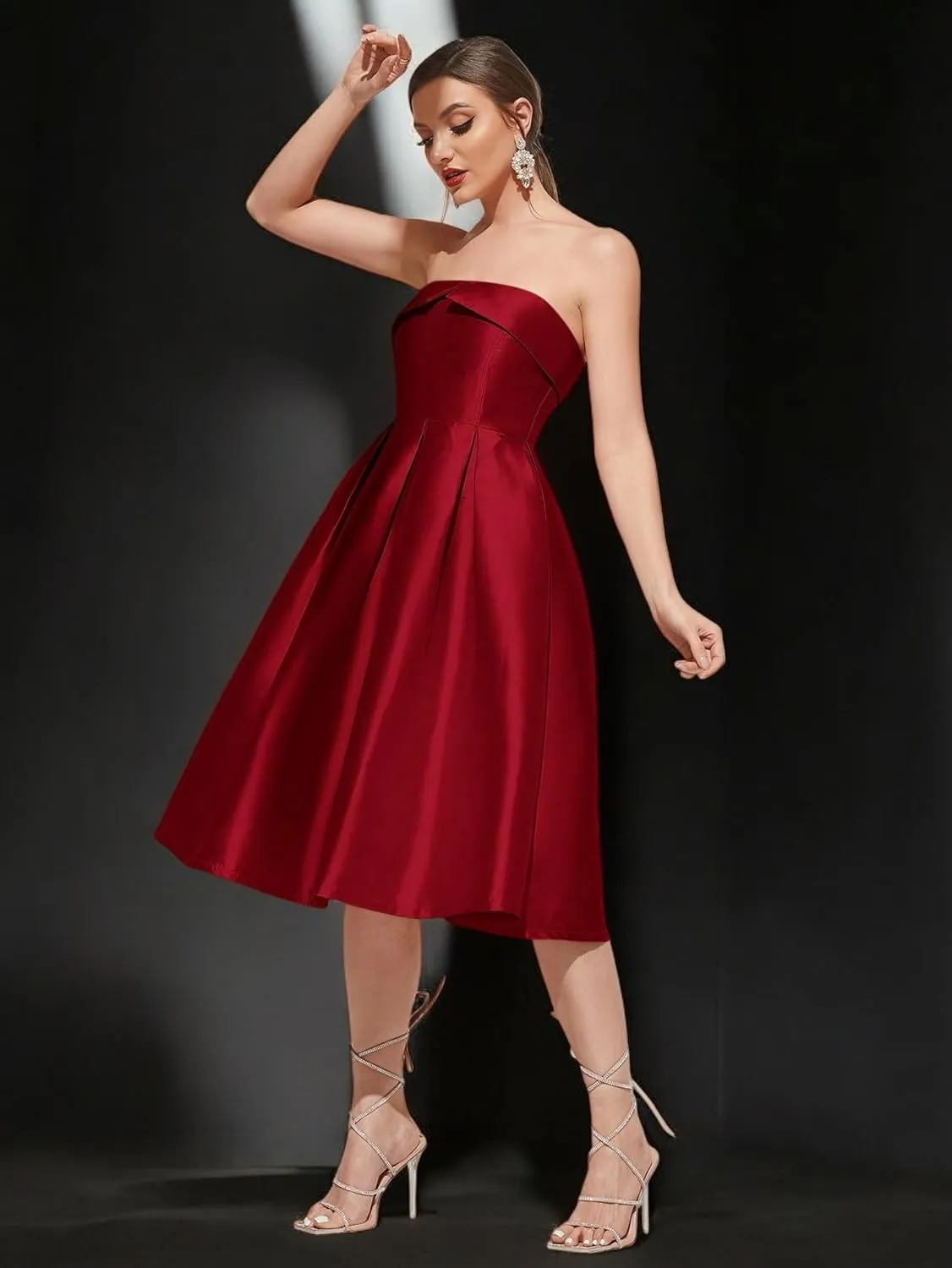 Strapless Satin A-Line Cocktail Dress for Women  Elegant Prom, Wedding,Formal Evening Gown with Pleated Skirt
