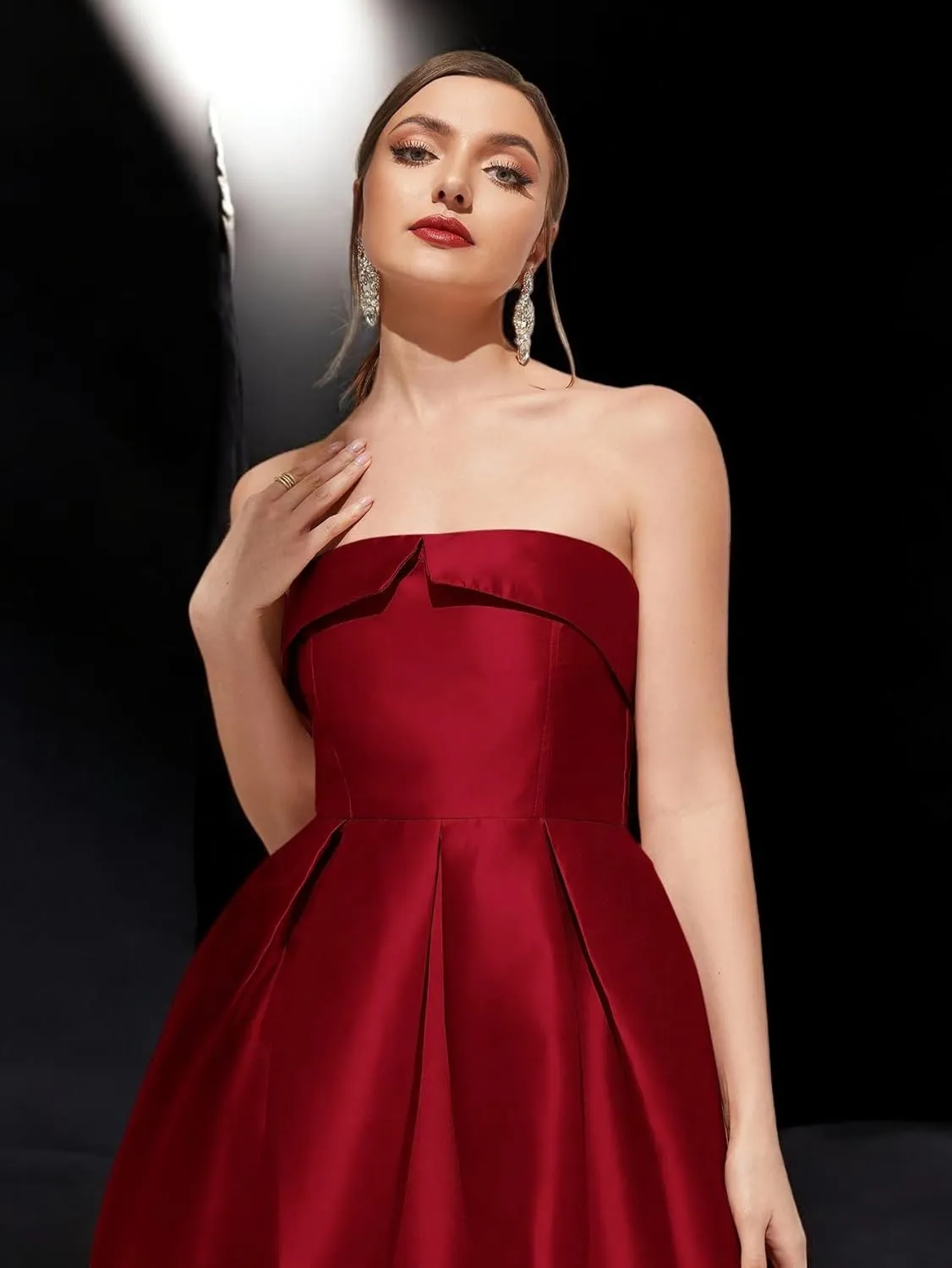 Strapless Satin A-Line Cocktail Dress for Women  Elegant Prom, Wedding,Formal Evening Gown with Pleated Skirt