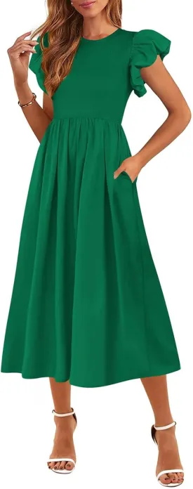 Summer Dresses for Women 2025 Puff Sleeve High Waist Crewneck Ruffle Maxi Dress Swing Flowy Dresses Sundress