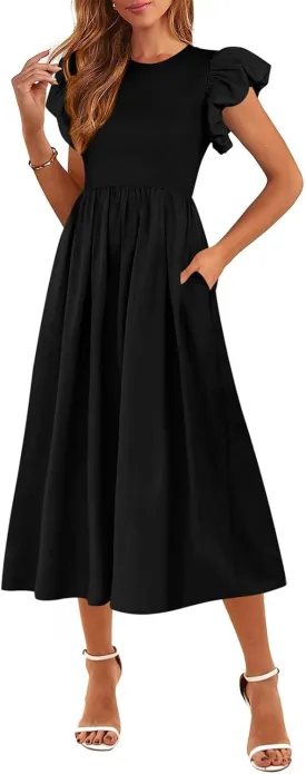 Summer Dresses for Women 2025 Puff Sleeve High Waist Crewneck Ruffle Maxi Dress Swing Flowy Dresses Sundress